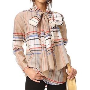 SUNO Plaid Neck Tie Blouse